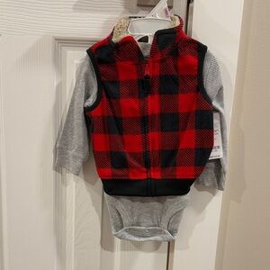 BNWT • Carter's Red and Black Plaid Vest with Gray Bodysuit (9 mos)